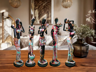 Set of 5 African Tribal Women Figurines - Hand-Painted Resin Statues for Home Decor | Elegant Black and Gold Accents
