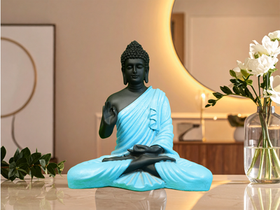 The Fearless Path: Modern Abhaya Buddha Statue (Obsidian & Cyan)